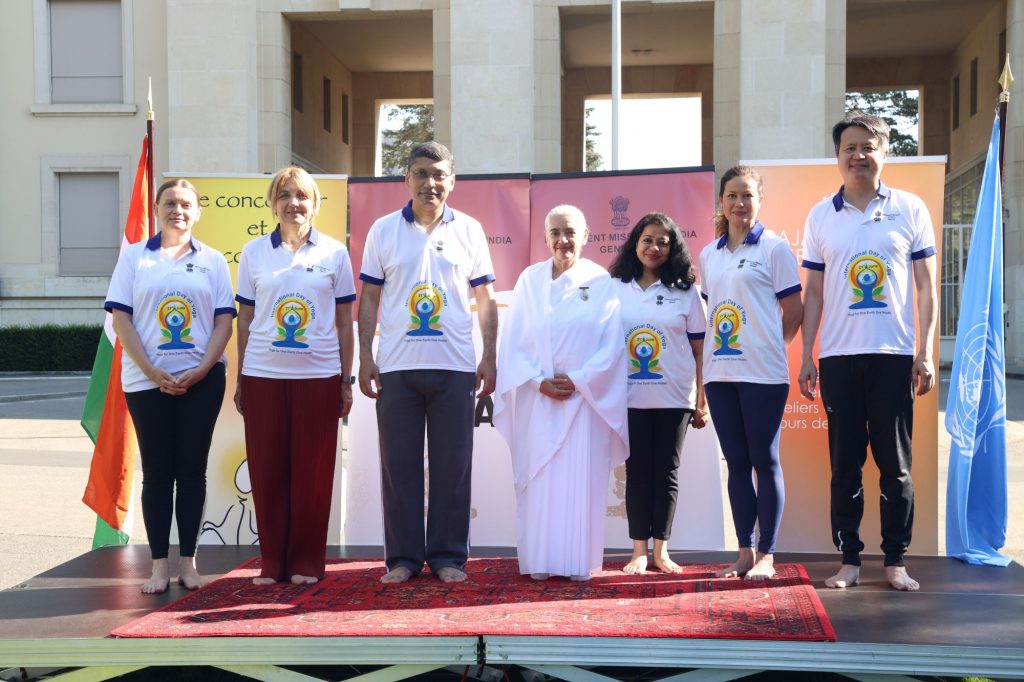 Sister Jayanti at International Day of Yoga events at European HQ of UN, Palais des Nations, Geneva